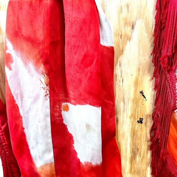 Rare KMilele Red Tie-Dye Kimono Boho Silk Top with tie fringe sleeves Sz M Gypsy - Picture 9 of 10